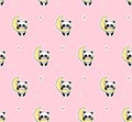 Sleeping Panda, Moon and Yellow Stars Seamless Pattern on a Pink Background. Cute Vector Baby Print Illustration Royalty Free Stock Photo