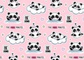 Sleeping Panda under a Blanket and on a White Cloud, Stars Seamless Pattern. Cute Vector Baby Print Royalty Free Stock Photo