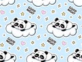 Sleeping Panda on a White Cloud, Stars and Hearts Seamlees Pattern. Cute Baby Print on a Blue Background. Cartoon Royalty Free Stock Photo