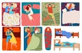 Sleeping people in bed, set of vector illustrations. Couples, men, women in sleep poses. Top view dreaming families