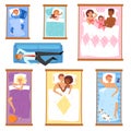 Sleeping people vector sleepy cartoon characters of man or woman and family with baby sleep on pillow in bed overnight