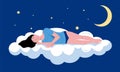 Sleeping person illustration. Cartoon sleeping and dreaming young girl flying in night sky, insomnia or sleep well