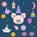 The sleeping pig.Face isolated animal for decoration. Children`s drawing. Delicate colors