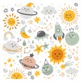 Sleeping planet characters flat icons set. Universe resting. Cute cartoon sun, moon, spaceship, stars and planet Royalty Free Stock Photo