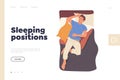 Sleeping position landing page template with relaxed young man character napping in bed design Royalty Free Stock Photo