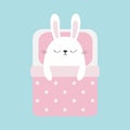 Sleeping rabbit bunny. Baby pet animal collection for kids. Cute cartoon character. Funny head face. Bed, pink blanket dot and pil