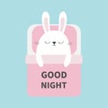 Sleeping rabbit bunny. Baby pet animal collection for kids. Cute cartoon character. Funny head face. Bed, pink blanket pillow. Goo