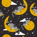 Sleeping raccoons, moon, stars and clouds, colorful seamless pattern Royalty Free Stock Photo