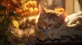 Sleeping red kitten, warm sun rays. Healthy sleep in a cozy atmosphere