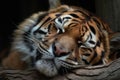 A sleeping sabertoothed tiger moved restlessly its impressive canines twitching under the soft fur of its muzzle.. AI