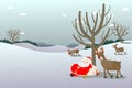 Merry Christmas, Santa Claus taking a nap under dried tree on snowy landscape with reindeer walking by Royalty Free Stock Photo