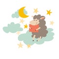 Sleeping sheep with pillow on night sky. Sweet dreams