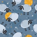 Colorful seamless pattern with sheeps, moon, stars. Decorative cute background with animals, night sky