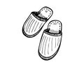 Sleeping slippers couple hand drawn sketch. Home comfortable shoes pair black and white doodle. Vector isolated eps