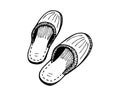 Sleeping slippers couple hand drawn sketch. Home shoes pair black and white doodle. Vector isolated illustration