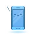 Sleeping smartphone vector icon. Kawaii cheerful mobile. Blue cartoon phone with funny face. Modern illustration for web