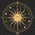 Sleeping sun with closed eyes, astrology symbol, sun with face in ornate frame , tarot magic