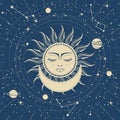 Sleeping sun with closed eyes over crescent, astrology, planets on orbits in space, sun face and constellations, tarot magic Royalty Free Stock Photo