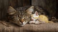 Sleeping Tabby Cat and Orange Kitten on Burlap Royalty Free Stock Photo