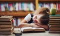 Sleeping on the table. Cute little girl with pigtails is in the library. Apple on the books Royalty Free Stock Photo