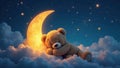 Sleeping teddy hugs glowing crescent moon in a starry night sky, surrounded by soft clouds , whimsical, magical Royalty Free Stock Photo