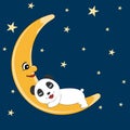 Sleeping teddy panda on the moon. Greeting card.