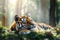 Sleeping tiger resting peacefully in magical forest sunlight Royalty Free Stock Photo