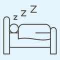 Sleeping time thin line icon. Person sleep on bed. Horeca vector design concept, outline style pictogram on white