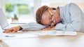 Sleeping, tired or burnout black woman in finance office with desk laptop or infographic documents. Exhausted Royalty Free Stock Photo