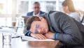 Sleeping, tired and business man in meeting for overworked, exhausted and stress. Mental health, fatigue and burnout Royalty Free Stock Photo