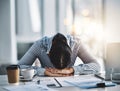 Sleeping, tired and business woman at desk for headache, overworked and stress in office. Exhausted, burnout and mental Royalty Free Stock Photo