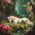 A sleeping unicorn in a peaceful, enchanted garden, a lush garden with exotic flowers and a gentle stream, peaceful