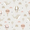 Sleeping whales, hot air ballon and rainbow seamless childish pattern. Hand drawn repeat pattern for wrapping, fabrik, textile.