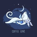 A sleeping white cat hugs a blue cup of coffee