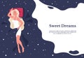 Sleeping woman. Cartoon female resting in bed. Girl wears cozy nightdress and dream. Insomnia prevention. Poster with