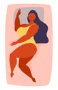 Sleeping woman concept vector. Fat,oversize girl is relaxing on the bed. Comfortable bedtime illustration.