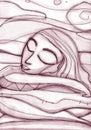 Sleeping woman hand drawn illustration