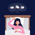 Sleeping woman vector illustration. Cute sleepy girl lying in the bed under soft duvet, having a good dream. Dream cloud