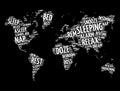 Sleeping word cloud in shape of world map, concept background