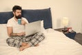 Sleeping at working place. asleep and awake. energy and tiredness. businessman with computer. bearded man hipster work Royalty Free Stock Photo
