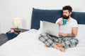 Sleeping at working place. asleep and awake. energy and tiredness. businessman with computer. bearded man hipster work Royalty Free Stock Photo