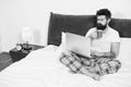 Sleeping at working place. asleep and awake. energy and tiredness. businessman with computer. bearded man hipster work Royalty Free Stock Photo