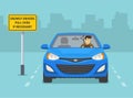 Sleeping young male character while driving a blue car on road with `drowsy drivers pull over if necessary` traffic sign.