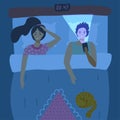 Sleepless Couple lying in bed and using mobile phones. Addiction, unhealthy habit, sleepless concept for banner. Gadget and