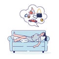 Sleepless girl lying on sofa dreaming about future and shopping. Insomnia concept