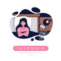 Sleepless girl suffers from insomnia, sleep disorder. Sad tired woman lying in bed with open eyes, trying to fall asleep