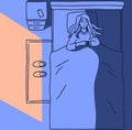 Sleepless girl suffers from insomnia. Woman in bed with open eyes in darkness night room. Cartoon style vector Royalty Free Stock Photo