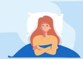 Sleepless girl suffers from insomnia. Woman in bed with open eyes in darkness night room. Flat cartoon style vector illustration