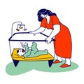 Sleepless Night, Mother Care, Love. Young Tired Woman Stand at Baby Cradle and Looking on Crying Newborn Child