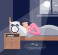 Sleepless woman lying on bed with open eyes. Girl suffers from insomnia. Tired insomniac female character trying to fall Royalty Free Stock Photo